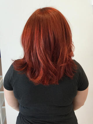After photo: rear view of woman with medium-length even brunette hair after colour.