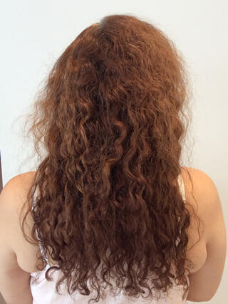 Before Photo: rear view of woman with long damaged red hair before colour.